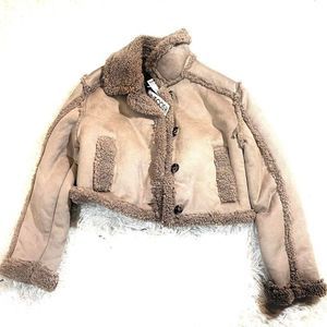 Tan and brown faux fur & suede jacket‎ coat with button-up front  size M